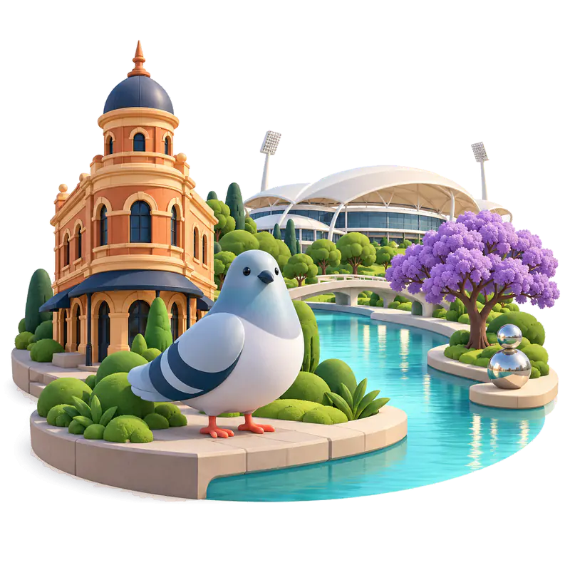 Clay-style miniature of Adelaide: a pigeon beside a river, with a domed corner building, a stadium roof and a flowering purple tree.